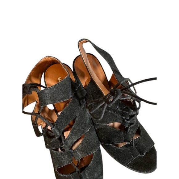 Saks Fifth Ave Black Leather Caged Lace up Block Chunky Heel Pumps Women Sz 7.5 - Picture 4 of 11